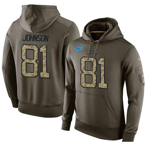 NFL Men's Nike Detroit Lions #81 Calvin Johnson Stitched Green Olive Salute To Service KO Performance Hoodie - Click Image to Close